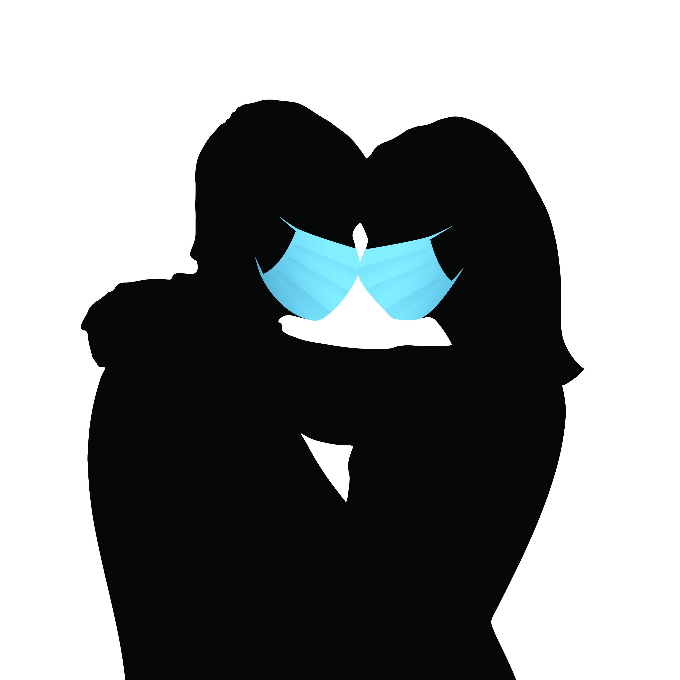 a silhouette of a man and a woman wearing masks kissing 