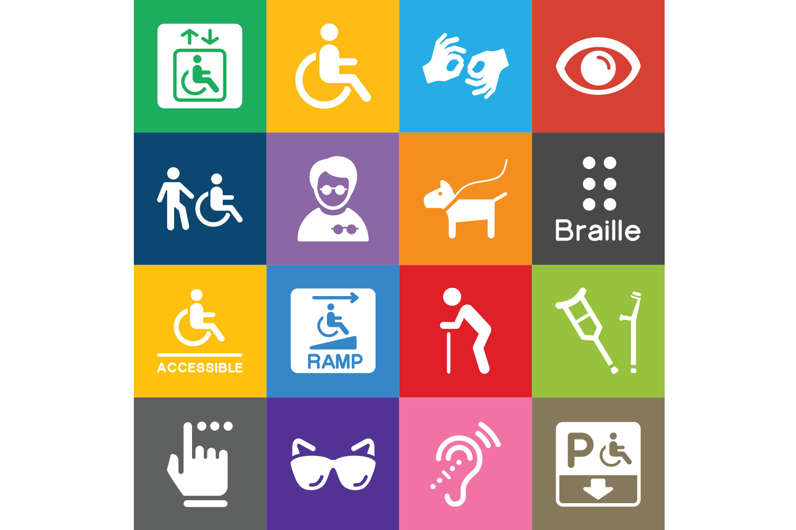 Multiple accessibility symbols in colourful boxes