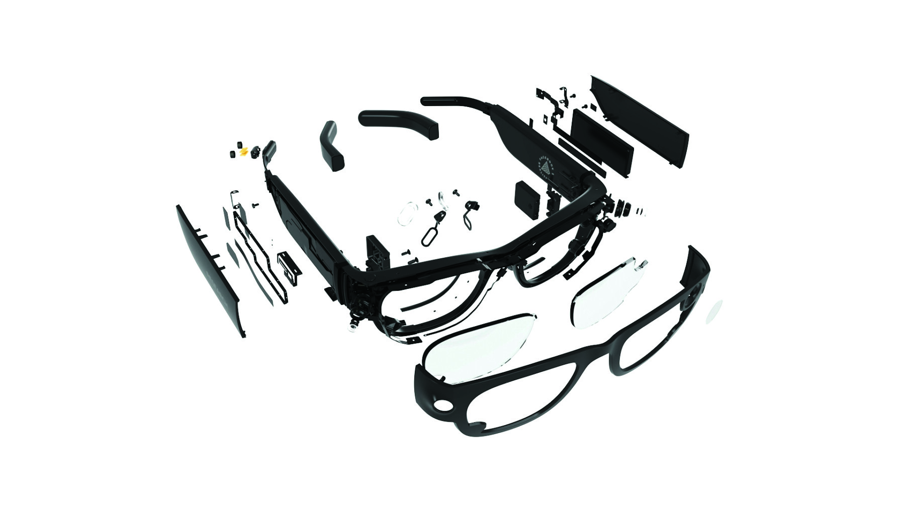 Project Aria glasses deconstructed to show each part
