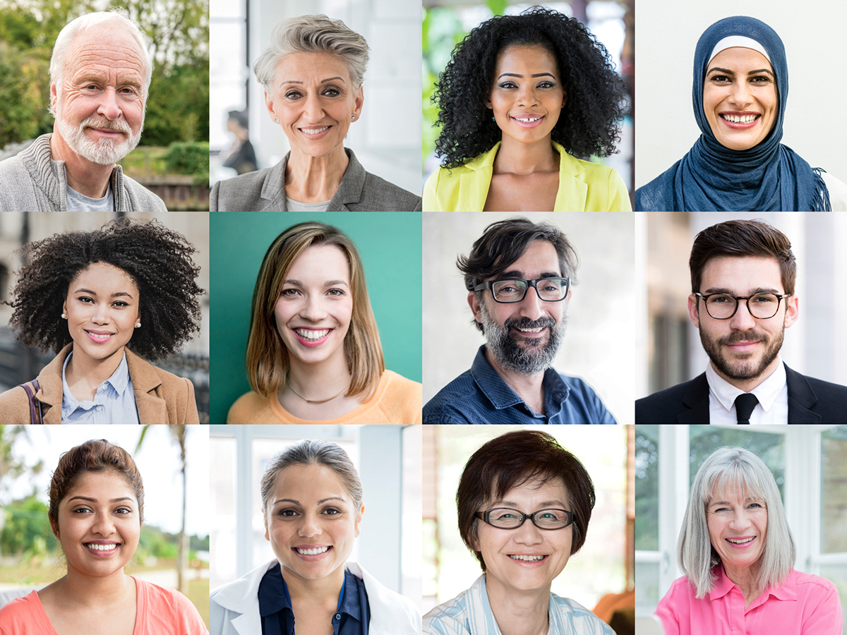 A tile of 12 photos of men and women of all ages and ethnicities.