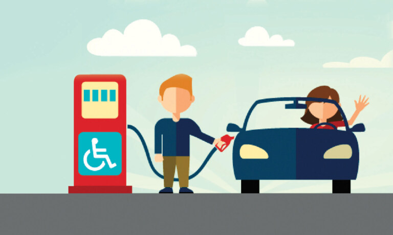 Cartoon man filling up a car at an accessible gas pump