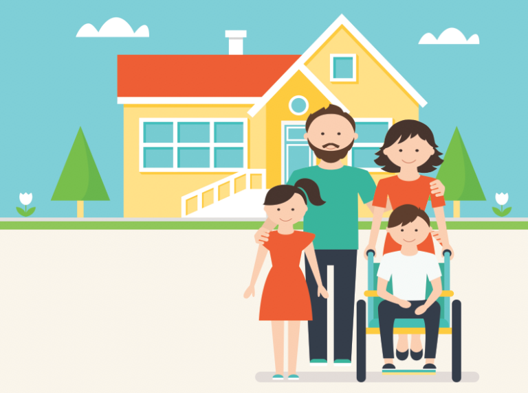 Cartoon of a family with two children, one is in a wheelchair