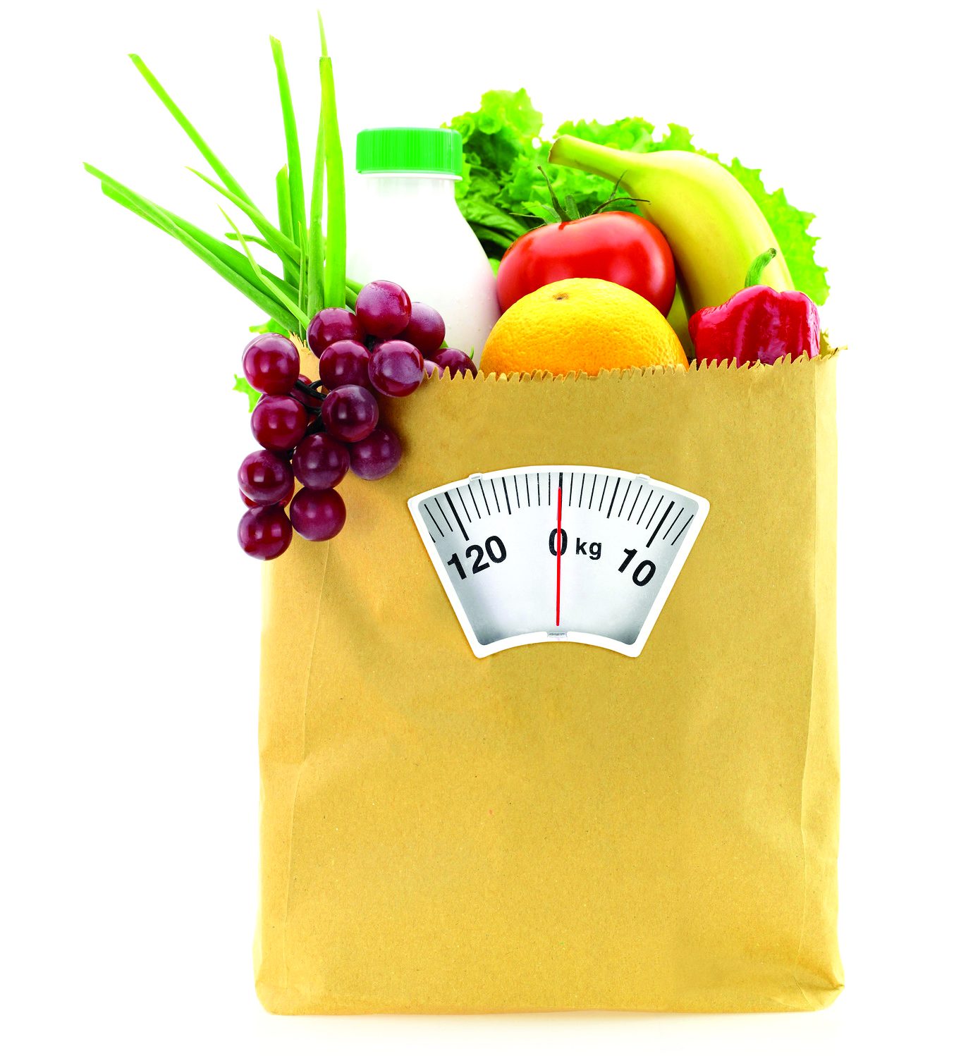 vegetables and fruits in a paper grocery bag