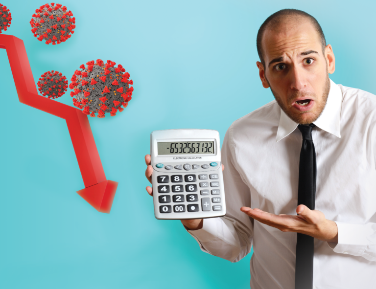 man pointing at a calculator looking shocked with a downwards arrow next to a cartoon of a virus
