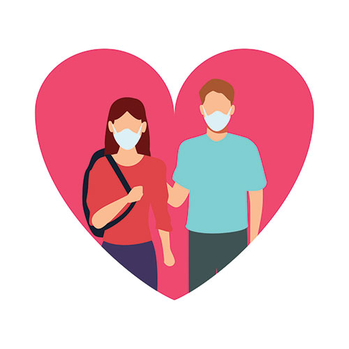 cartoon of a man and a woman wearing masks in a heart