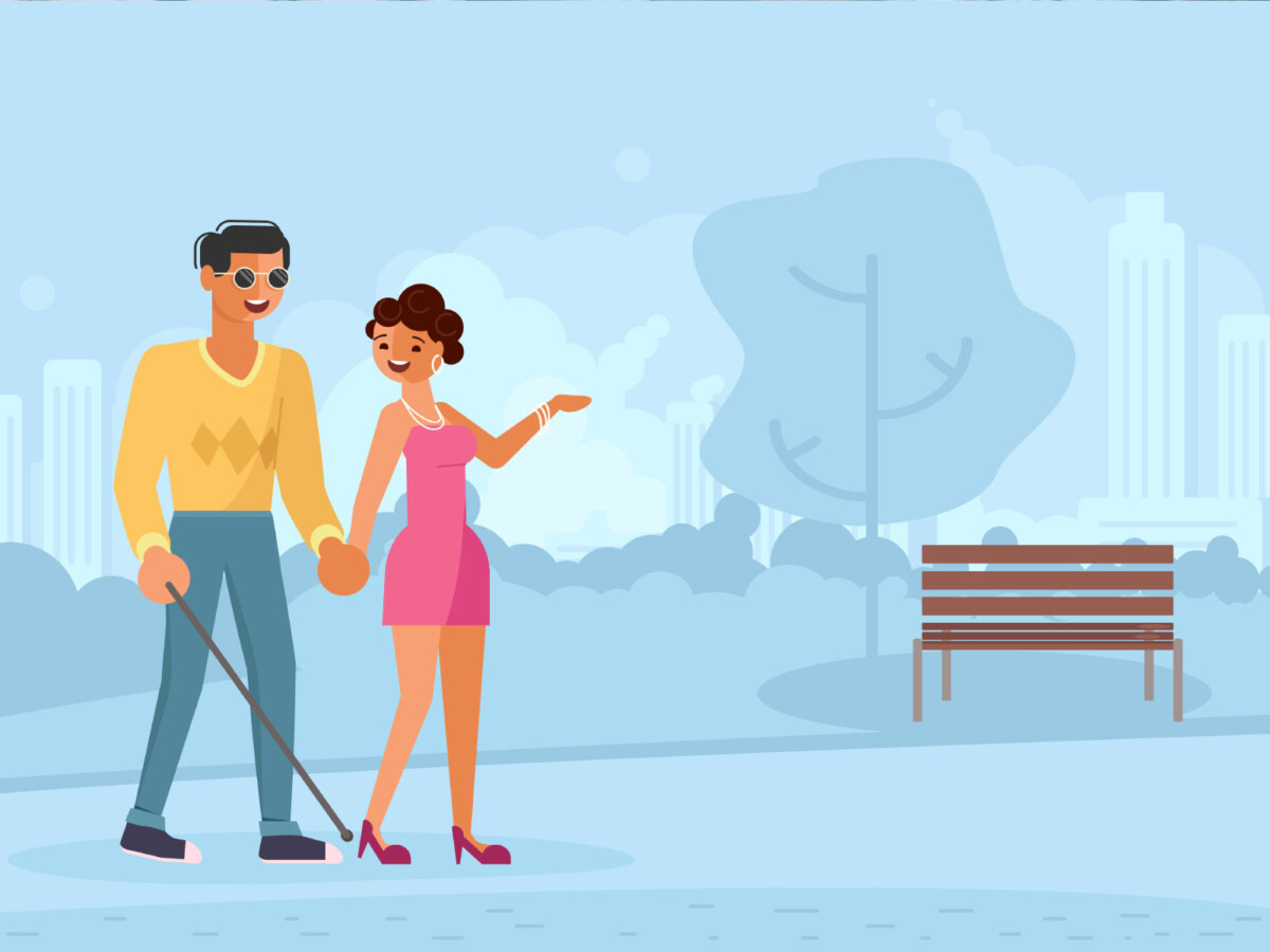 Cartoon of man and woman walking in a park, man has a walking stick
