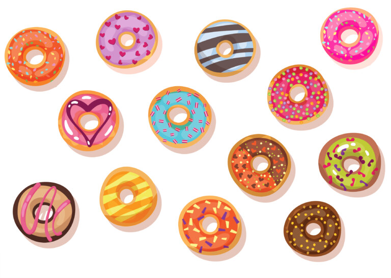 cartoon of doughnuts with multi-coloured glazes