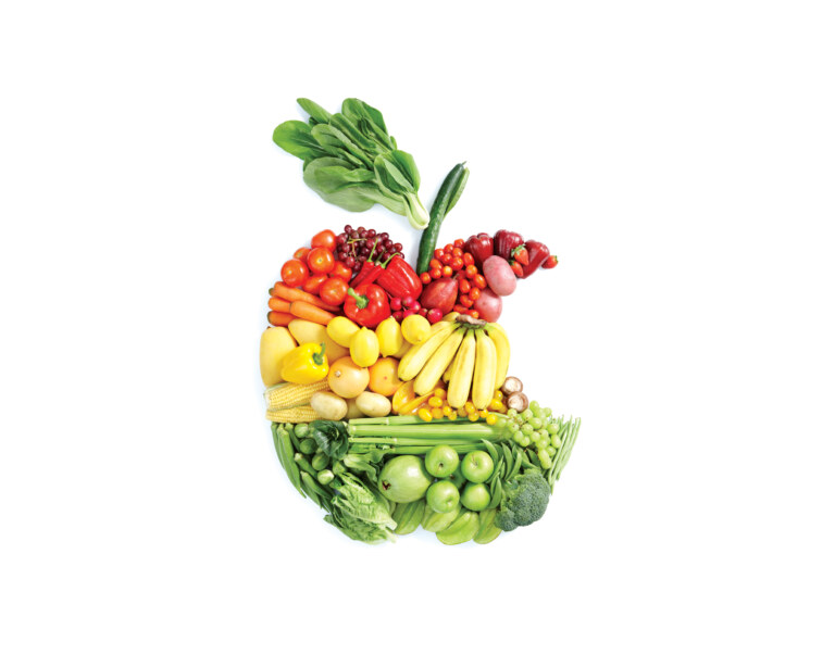 outline of an apple made up by several food groups