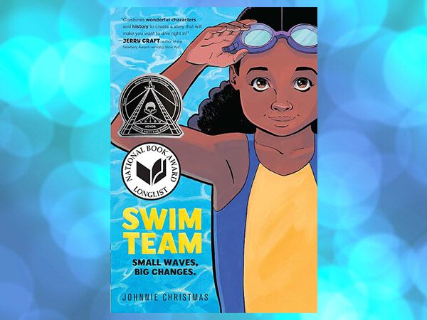the front cover of a book called Swim team featuring a young black girl in a swimsuit.